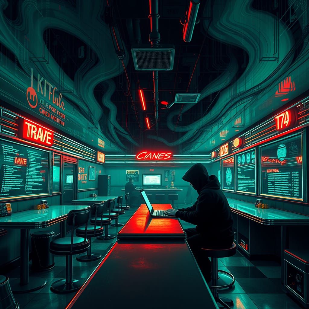 Hacker in Digital Ocean Diner, Retro Synthwave Style
