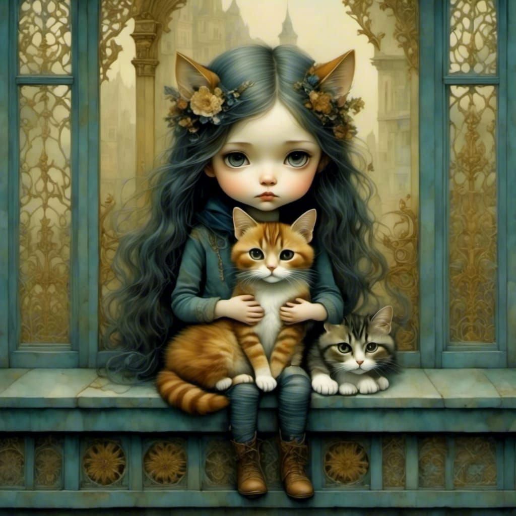Girl and Cat on Windowsill in Surreal Style