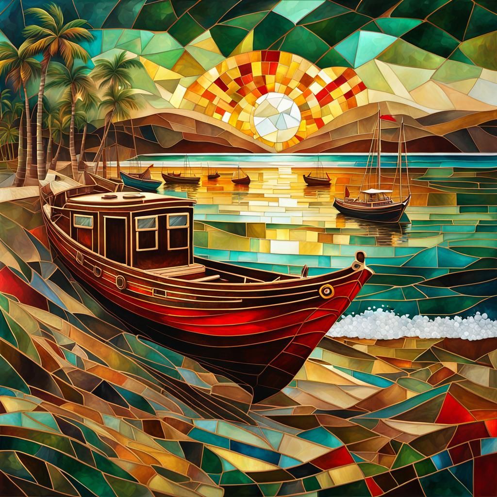 Luxury Beach Scene with Whale in Cubist Style