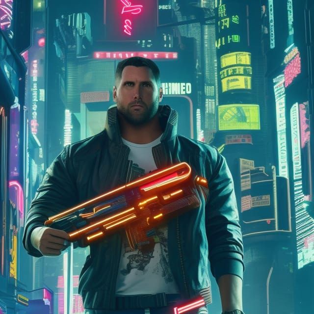 Cyberpunk Warrior with Robotic Arm in Neon City