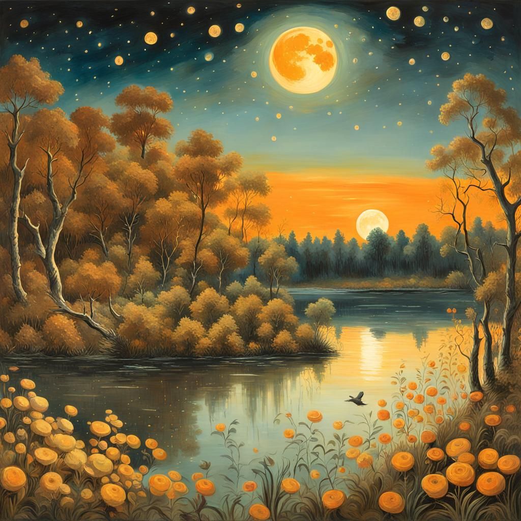 Harvest Moon Over Glittering Lake: Whimsical Landscape Paint...