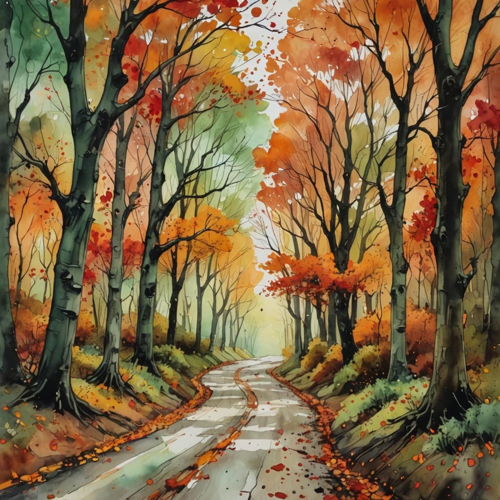 Autumn Country Lane in Vibrant Impressionist Style