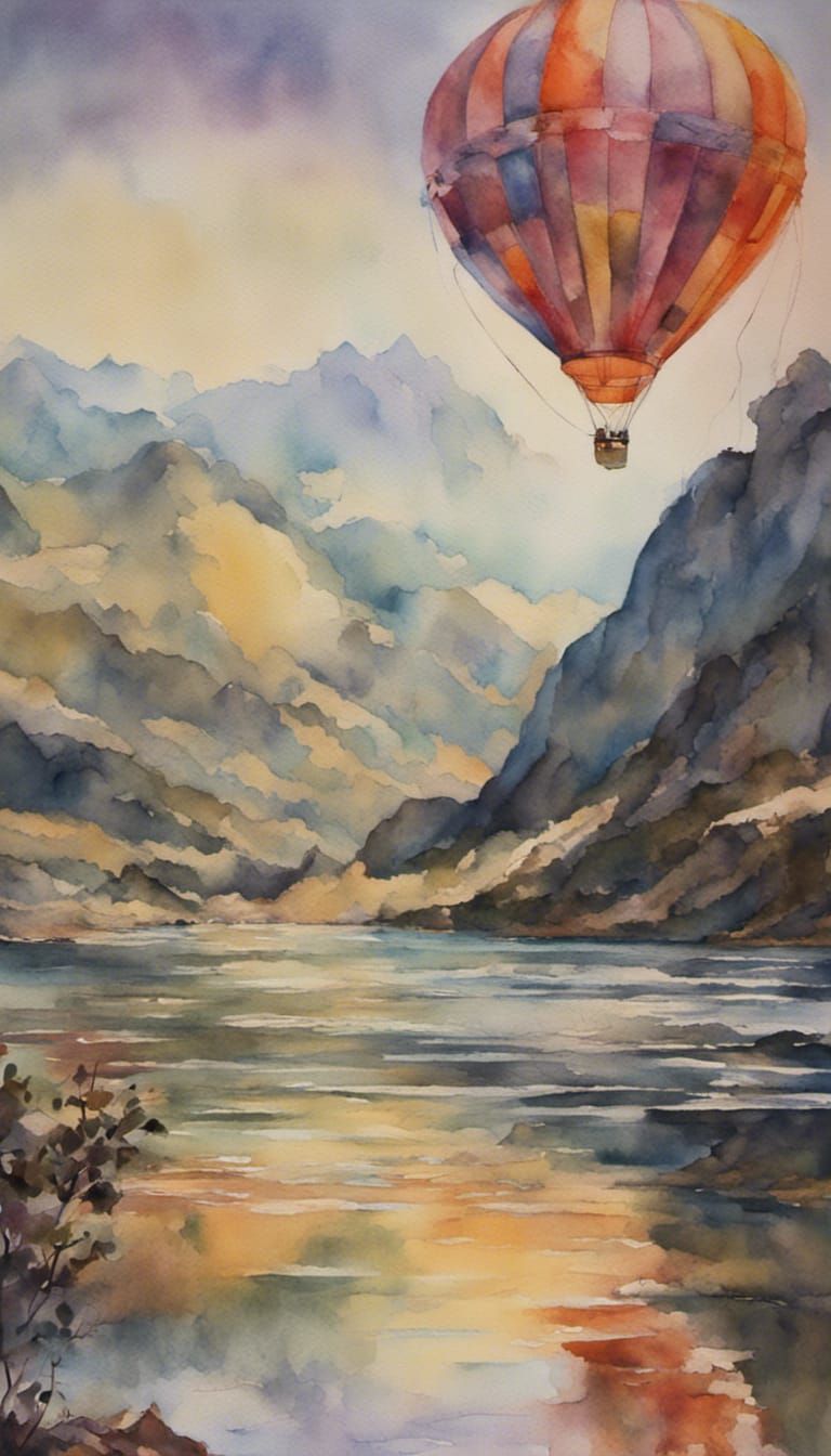 Impressionistic Watercolor Mountain Hot Air Balloon