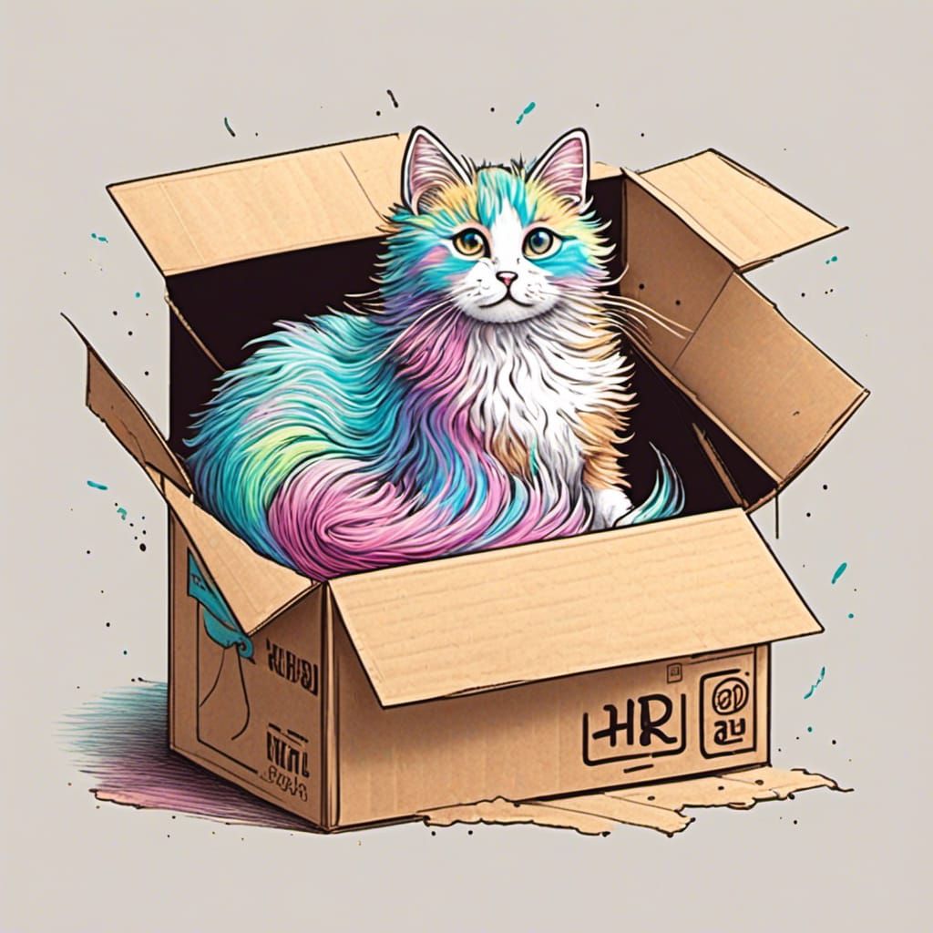 Cute Cat Tail in Box, Line Art in Pastel Colors