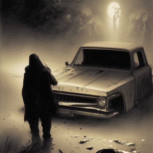 Ghostly Hitchhiker's Ride in Dark Engraving Style