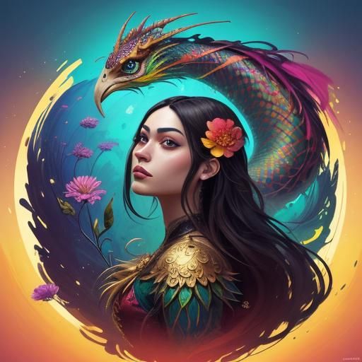 Dragon Peacock Woman in Abstract Expressionism Style