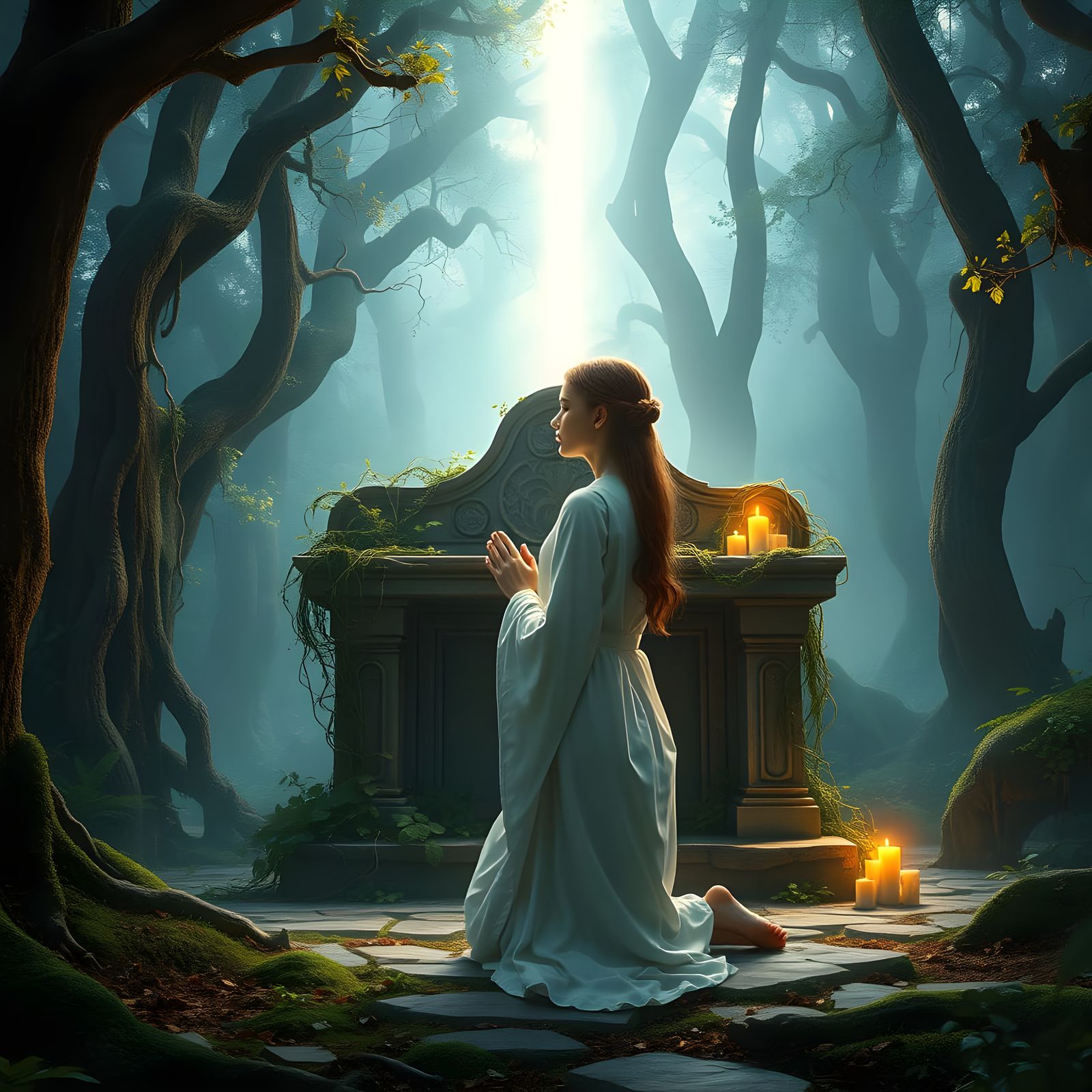 Girl at Mystical Forest Altar Illuminated by Divine Light