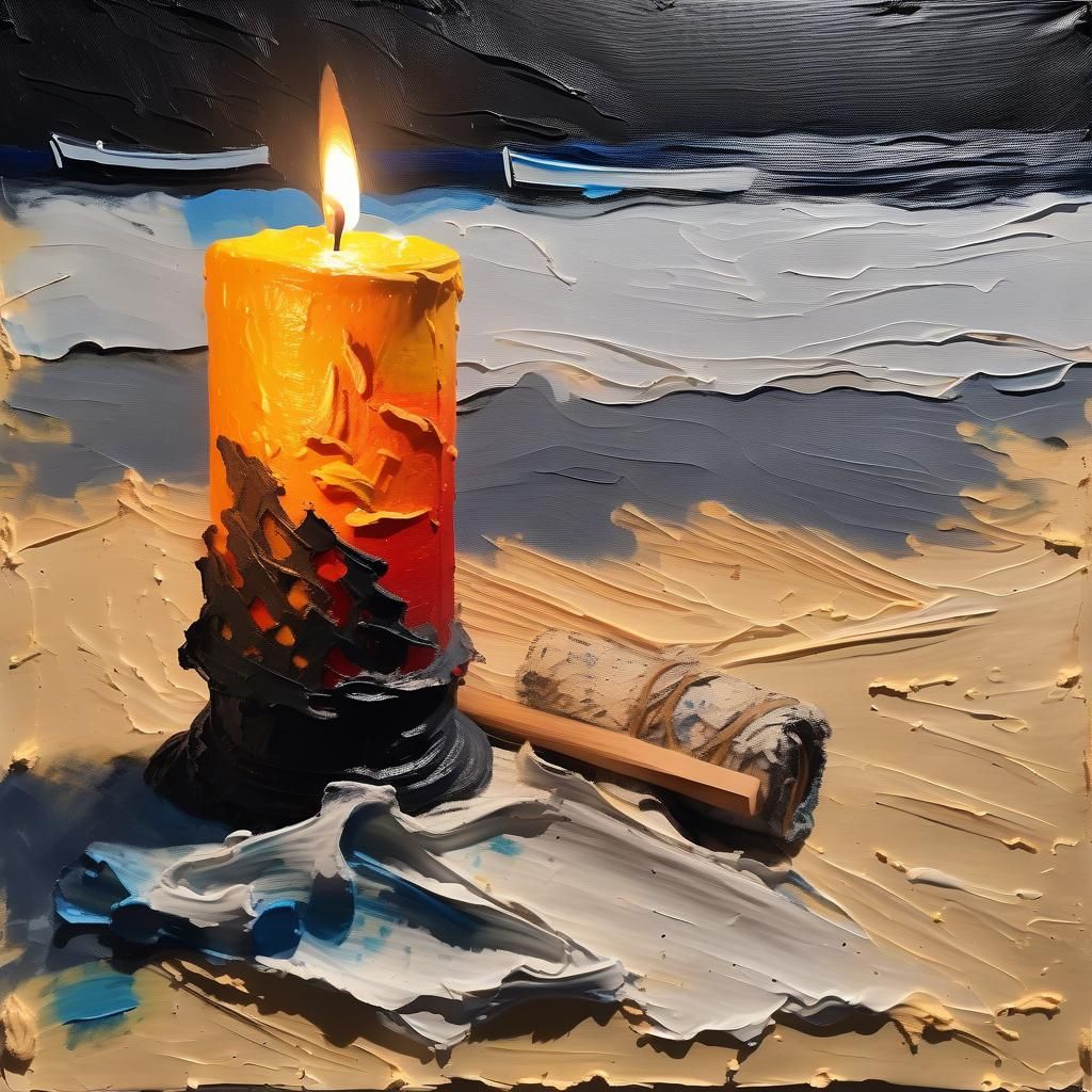 Memorial Candle on Beach in Impasto Style