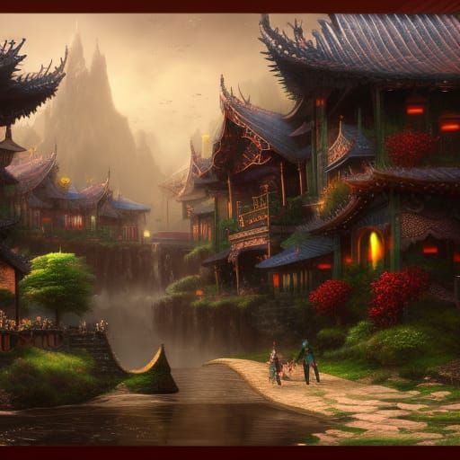 Fantasy Asian-Gothic Village in Detailed Matte Painting