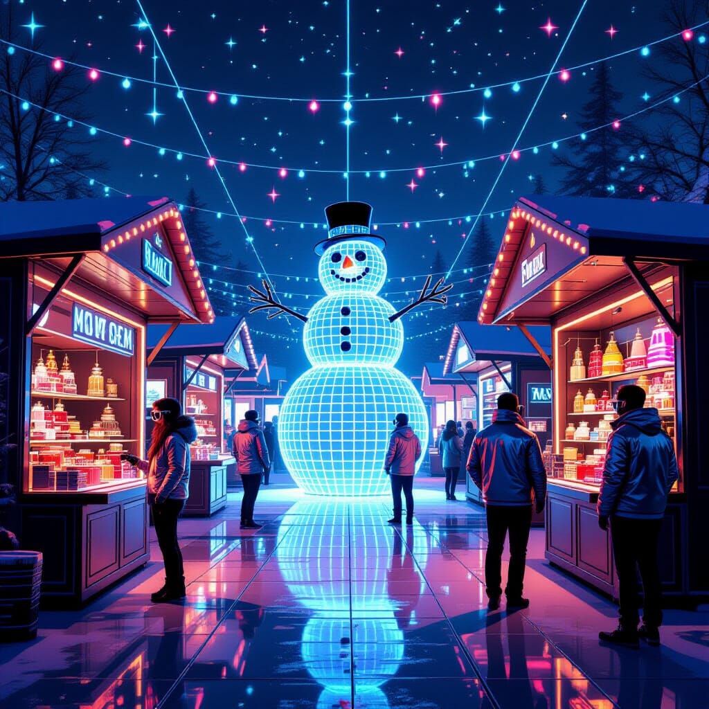 Synthwave Christmas Market Scene with Pixelated Snowman