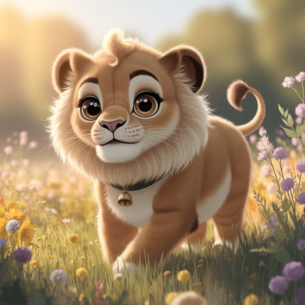 Whimsical Lion in a Field of Wildflowers, Soft Pastel Colors