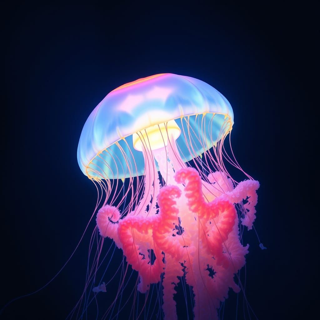 Luminous Jellyfish in Dark Ocean, Digital Art