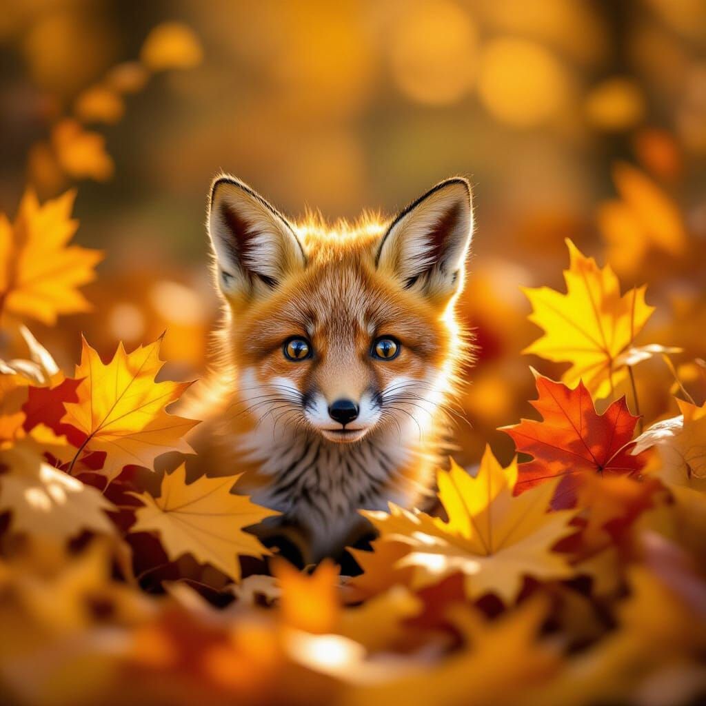 Baby Fox Peeks from Autumn Leaves in Enchanted Forest