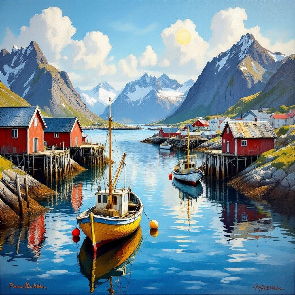 Lofoten Harbor in Expressionist Style of Franz Marc
