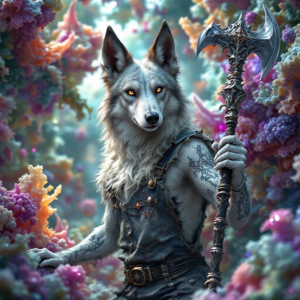 Fantastical Wolfhound Hybrid Warrior in Distressed Denim and...