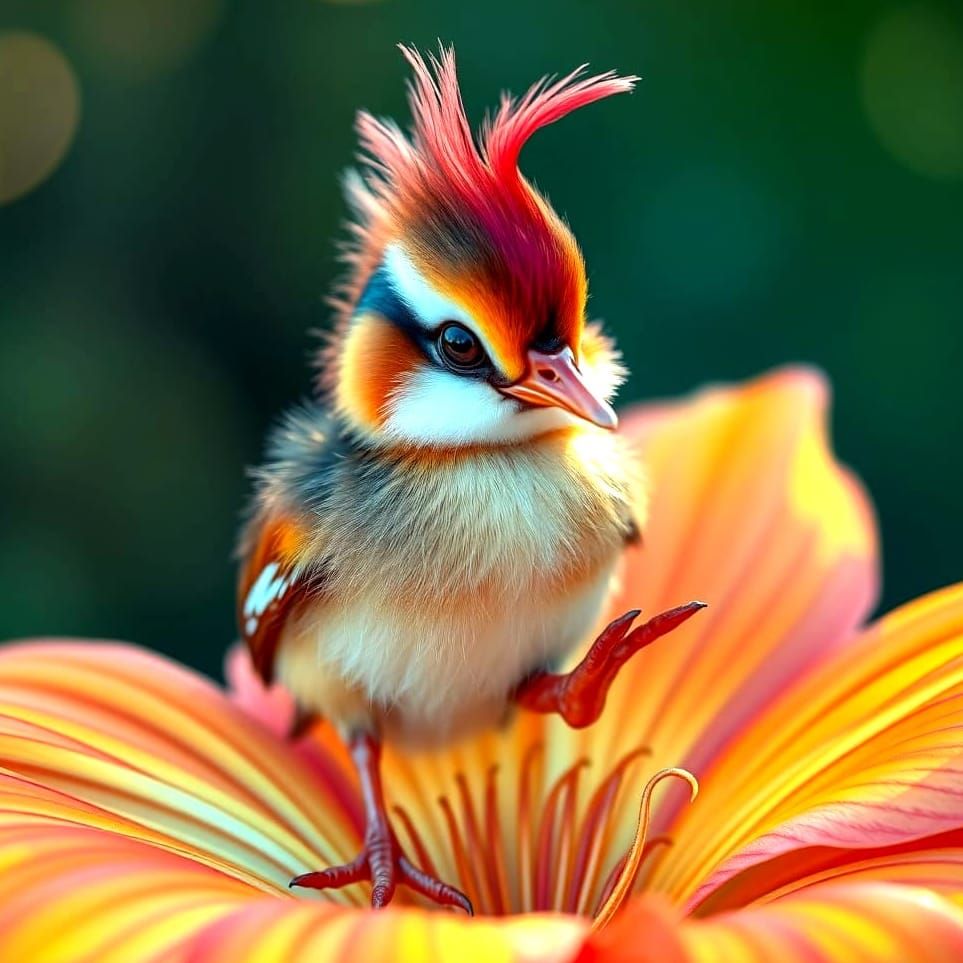 Rainbow Mohawk Duckling Dances in Intricate Flower
