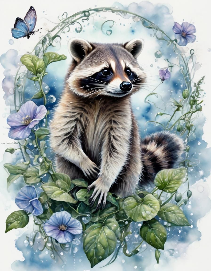 Raccoon Climbing Bindweed in Watercolor With Airbrushing