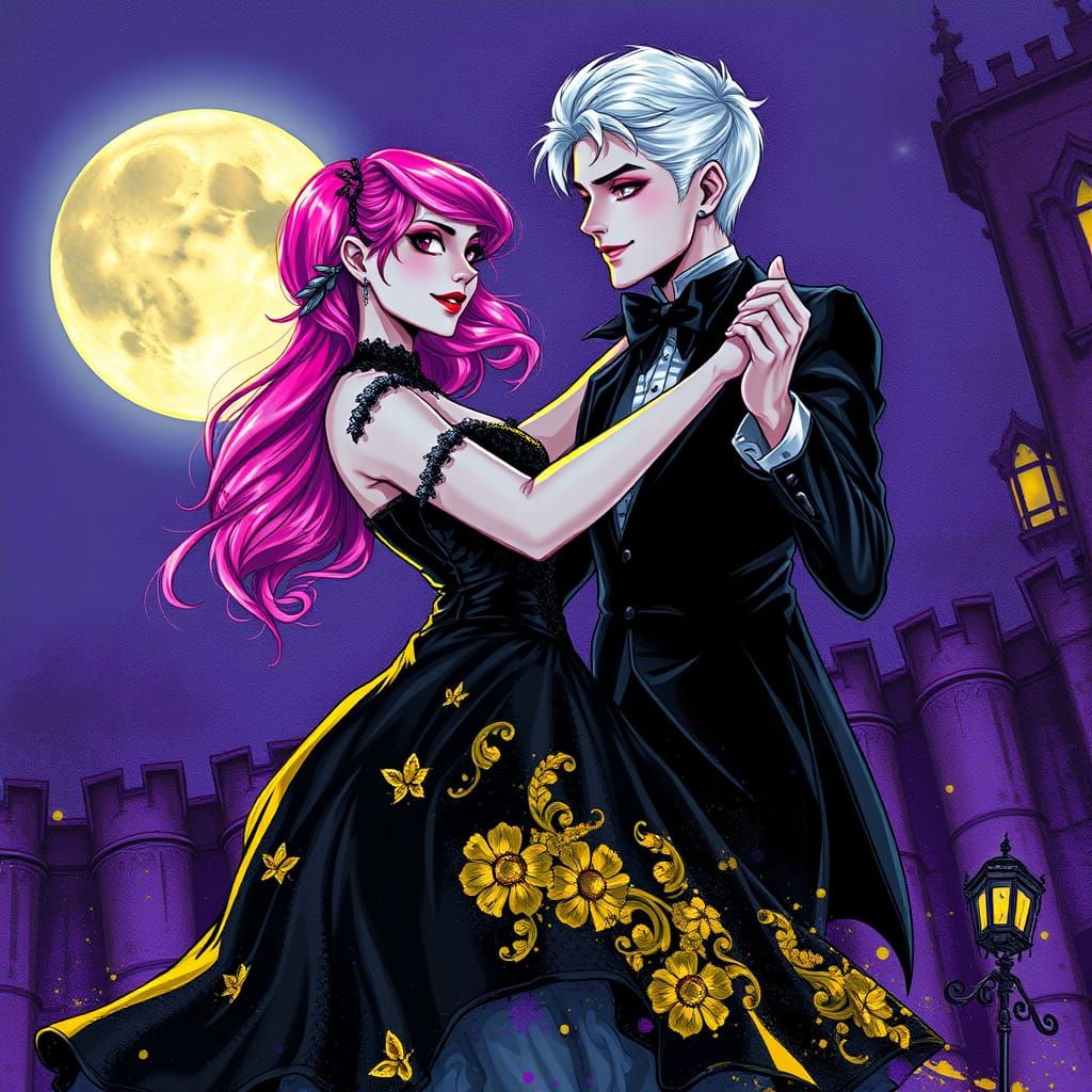 Gothic Couple Dancing in Moonlight, Splatter Art