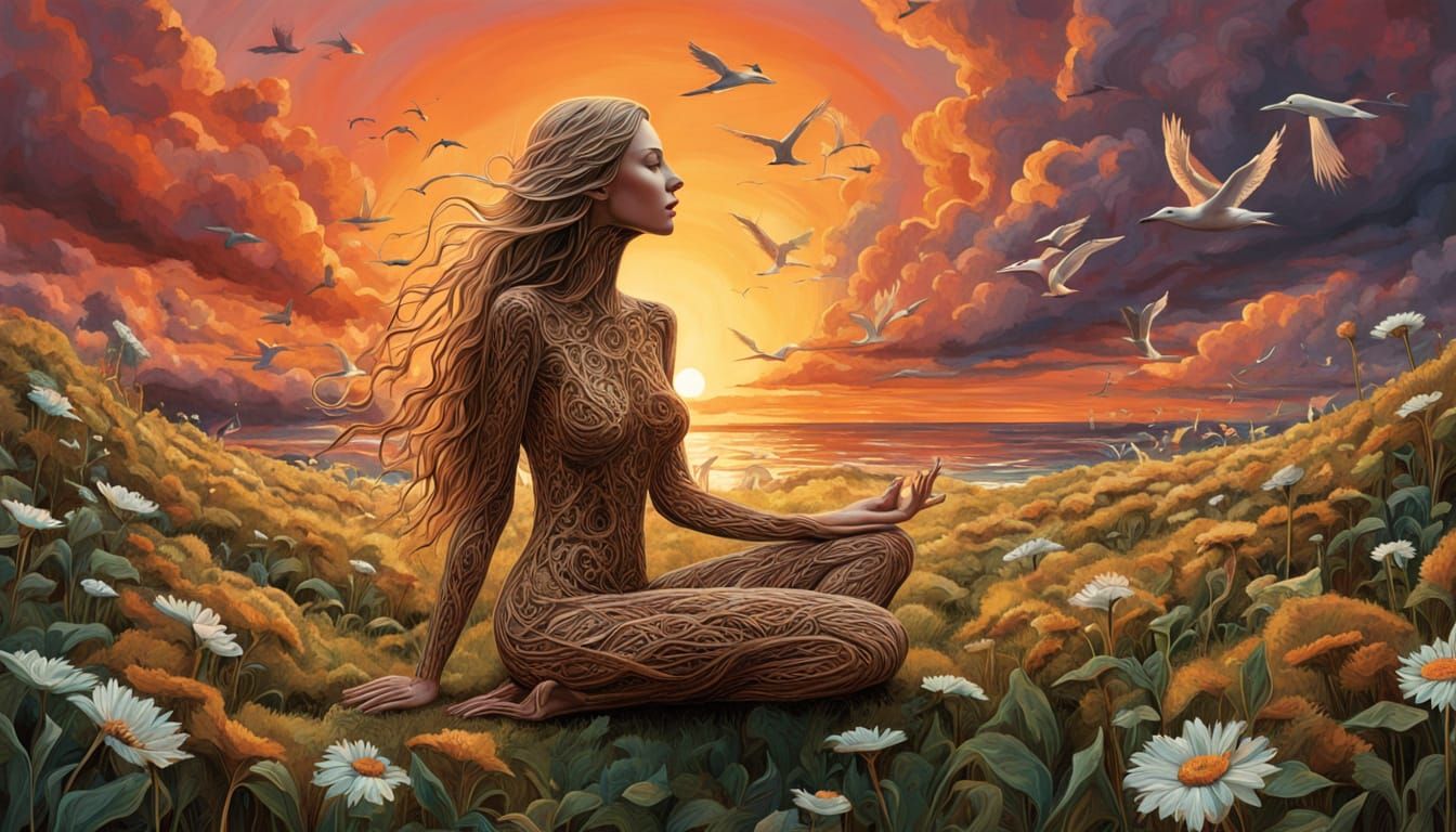 Bio Art Collage: Woman, Sunset, and Mythical Creatures