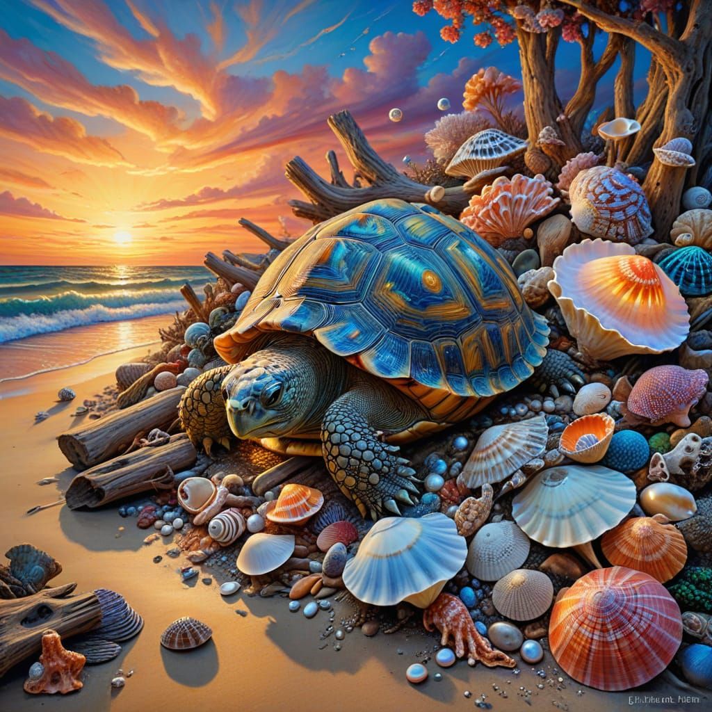 Tortoise in Whimsical Shell Haven at Sunset