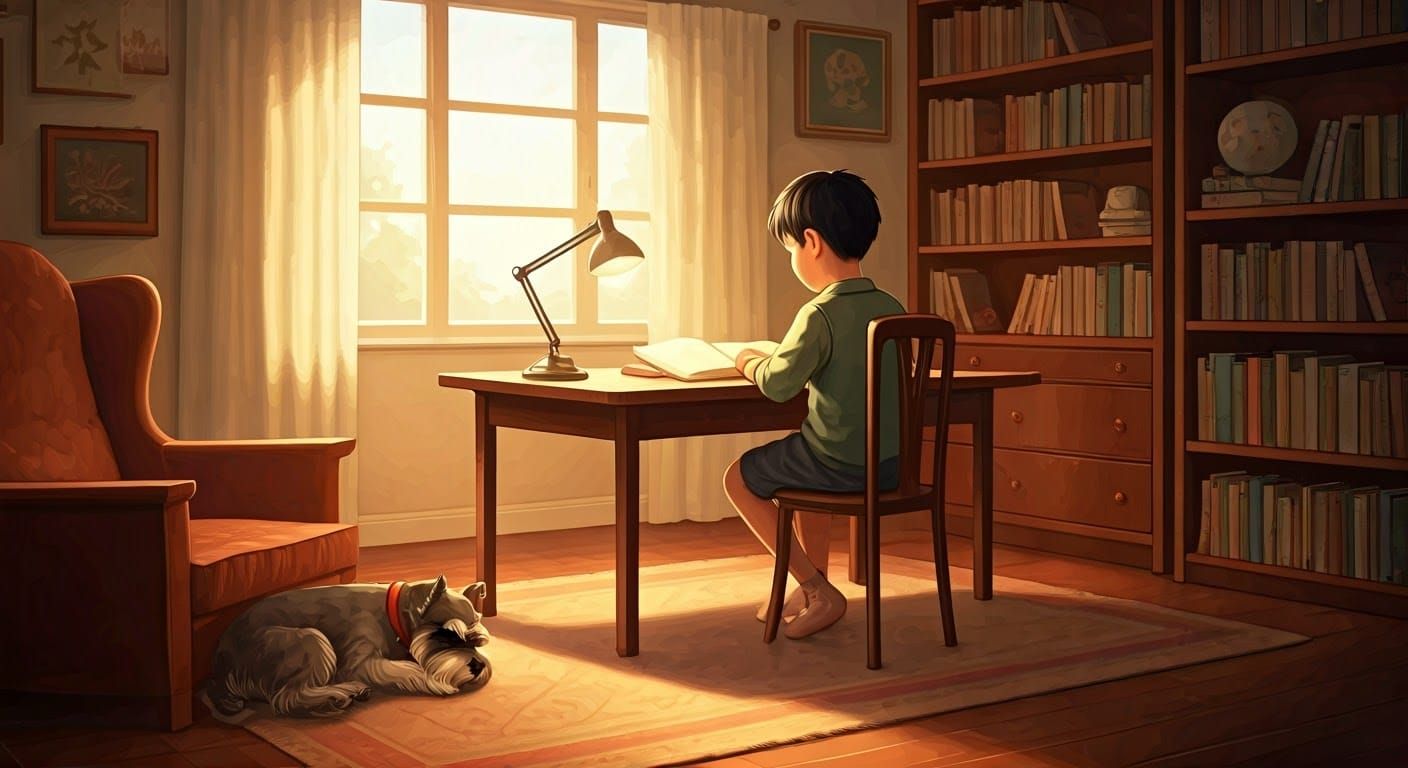 Boy Studying with Dog in Cozy, Warm Light