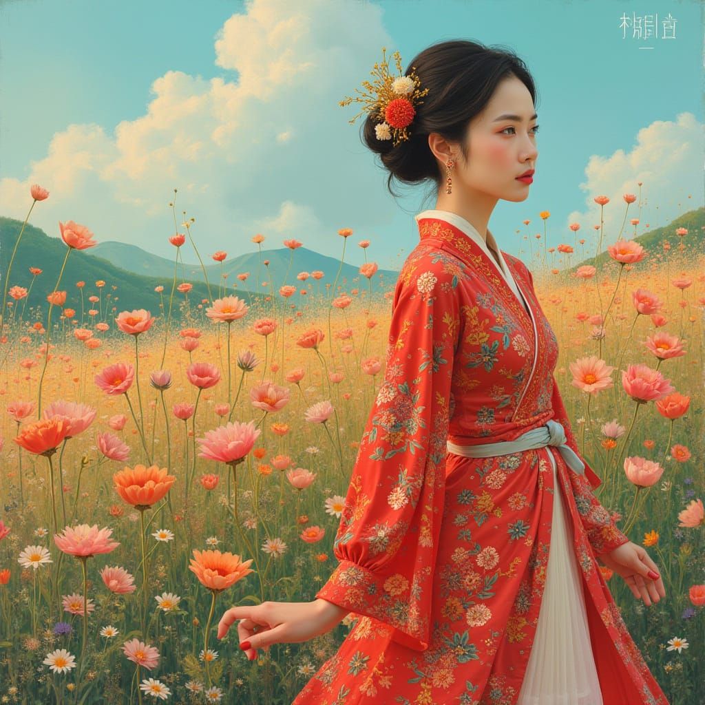 Asian Woman in Floral Field, Dreamy Illustration