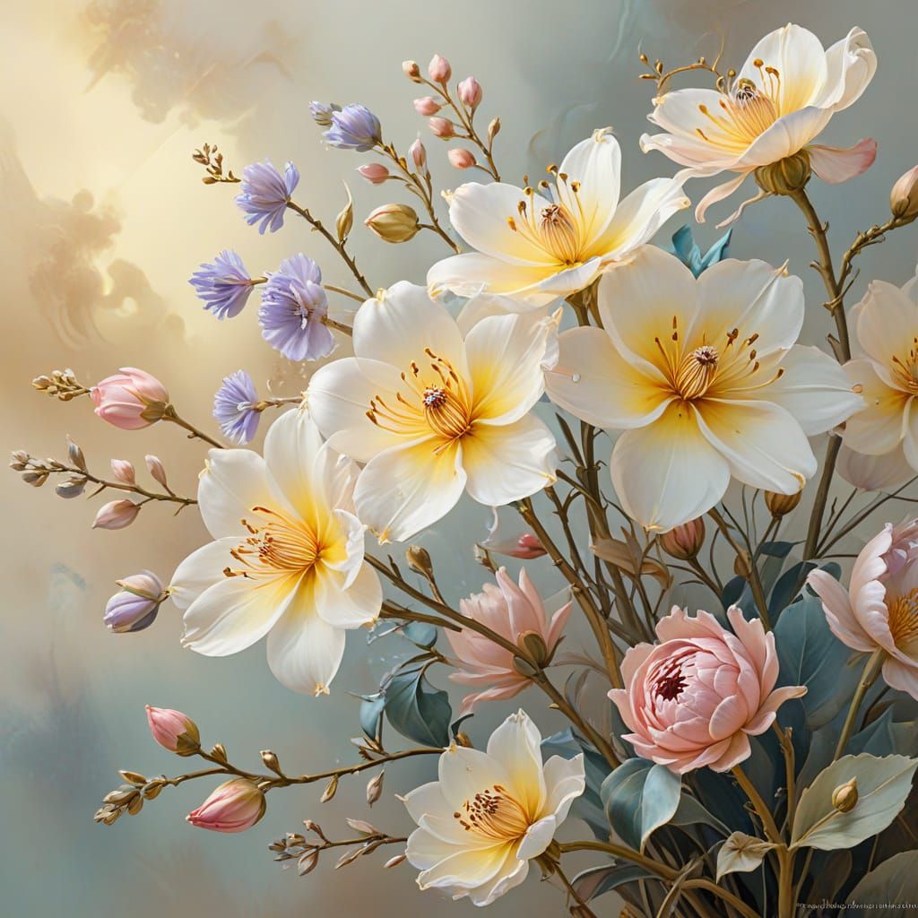 Surreal Silk Flowers in Watercolor and Digital Art Style