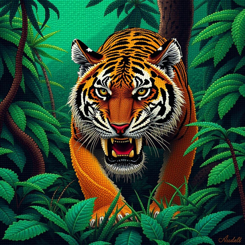 Saber-Toothed Tiger Camouflaged in Jungle Foliage