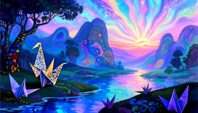 Fantastical Origami Landscape with Radiant Light