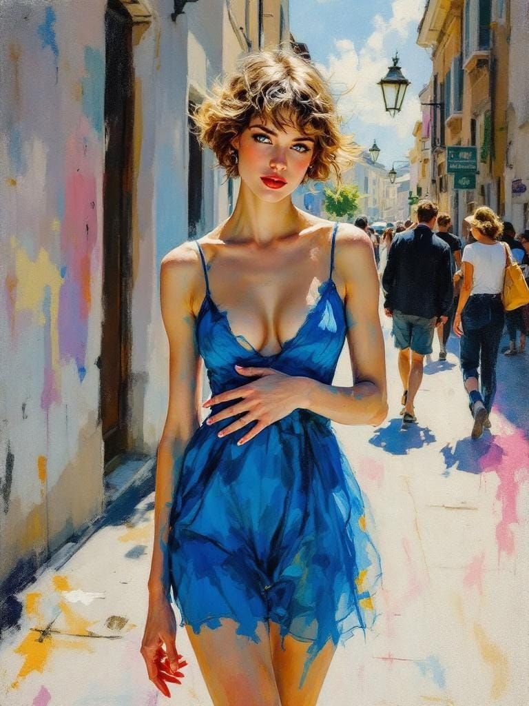 Elegant Woman in Cityscape, Watercolor and Line Art