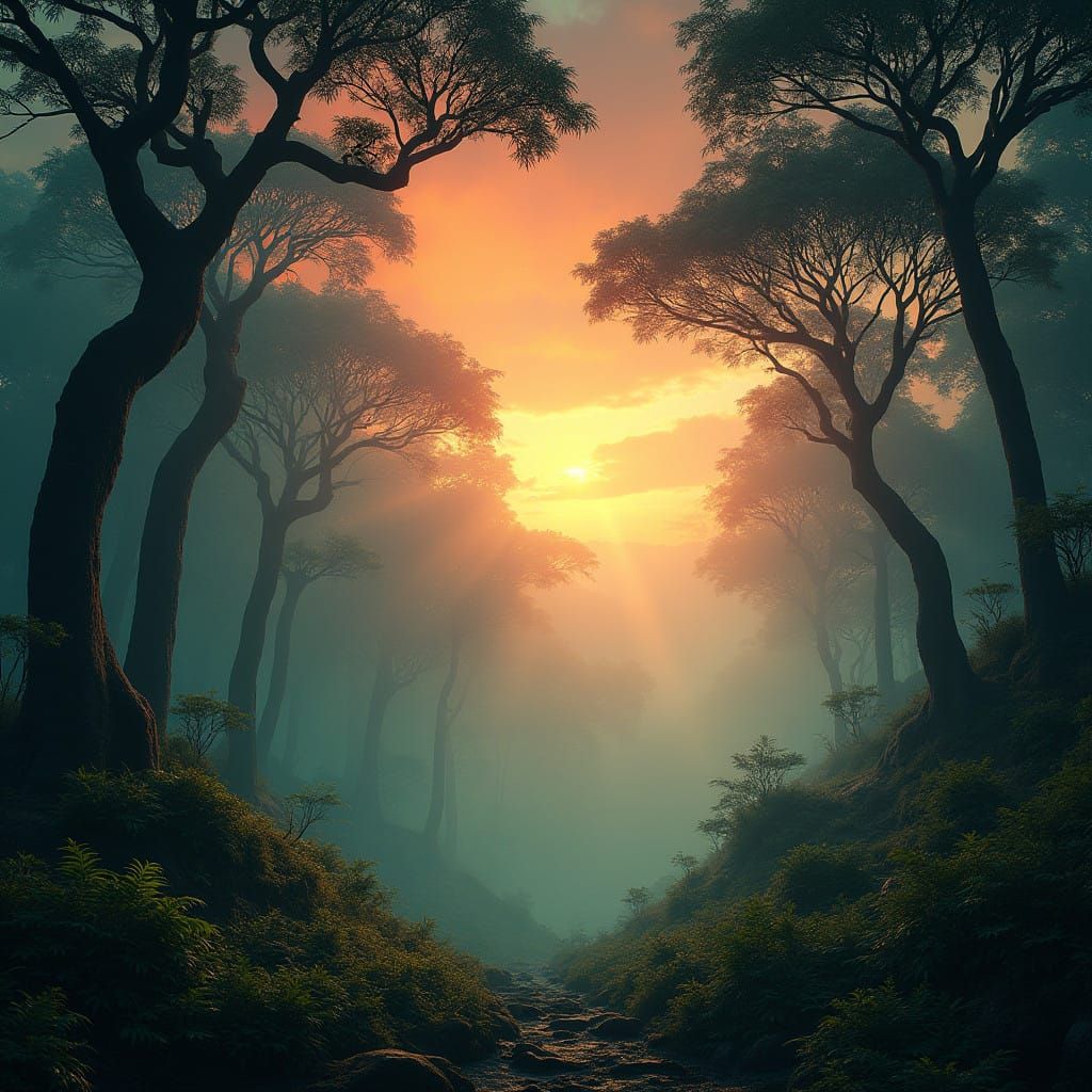 Mystical African Forest at Dawn Under Kaleidoscopic Aurora