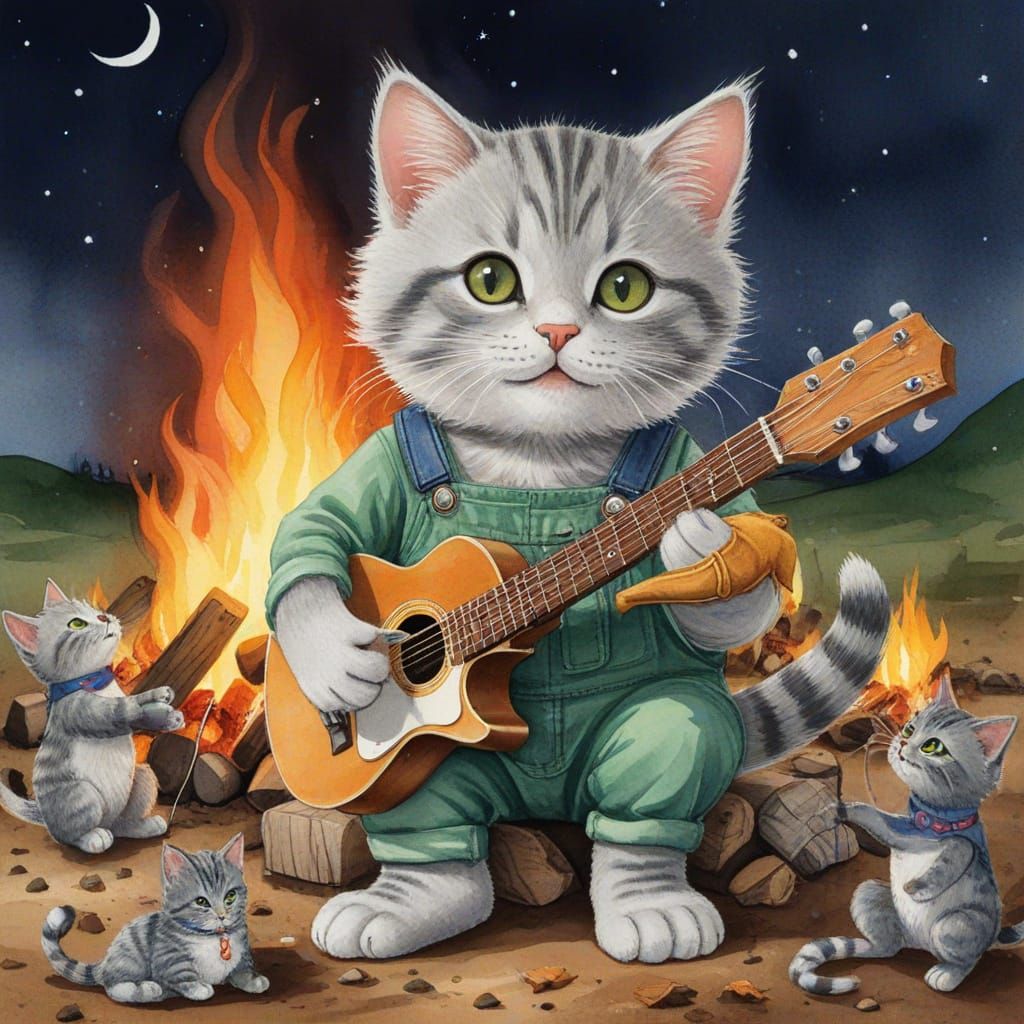 Charming Whimsical Watercolor Illustration of Kitten Playing...