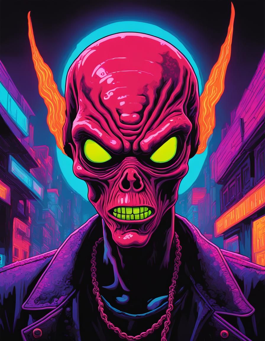 Alien Gangster in Black Light Retrowave Art