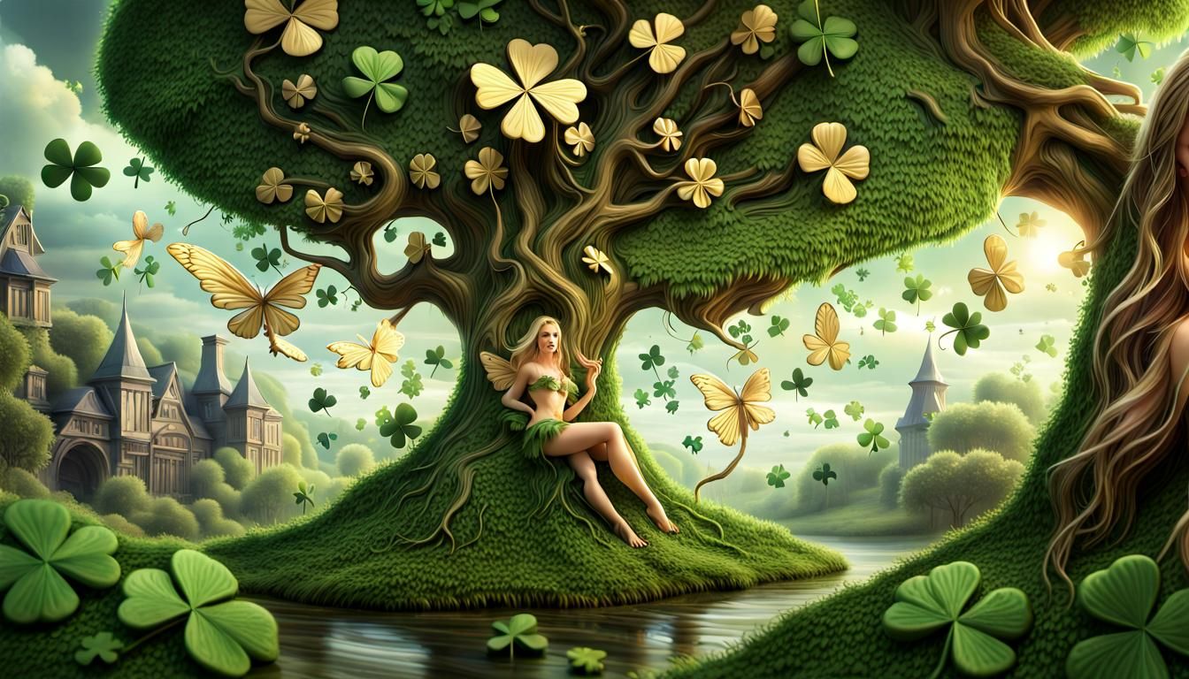 Blonde Supermodel with Fairies and Leprechaun