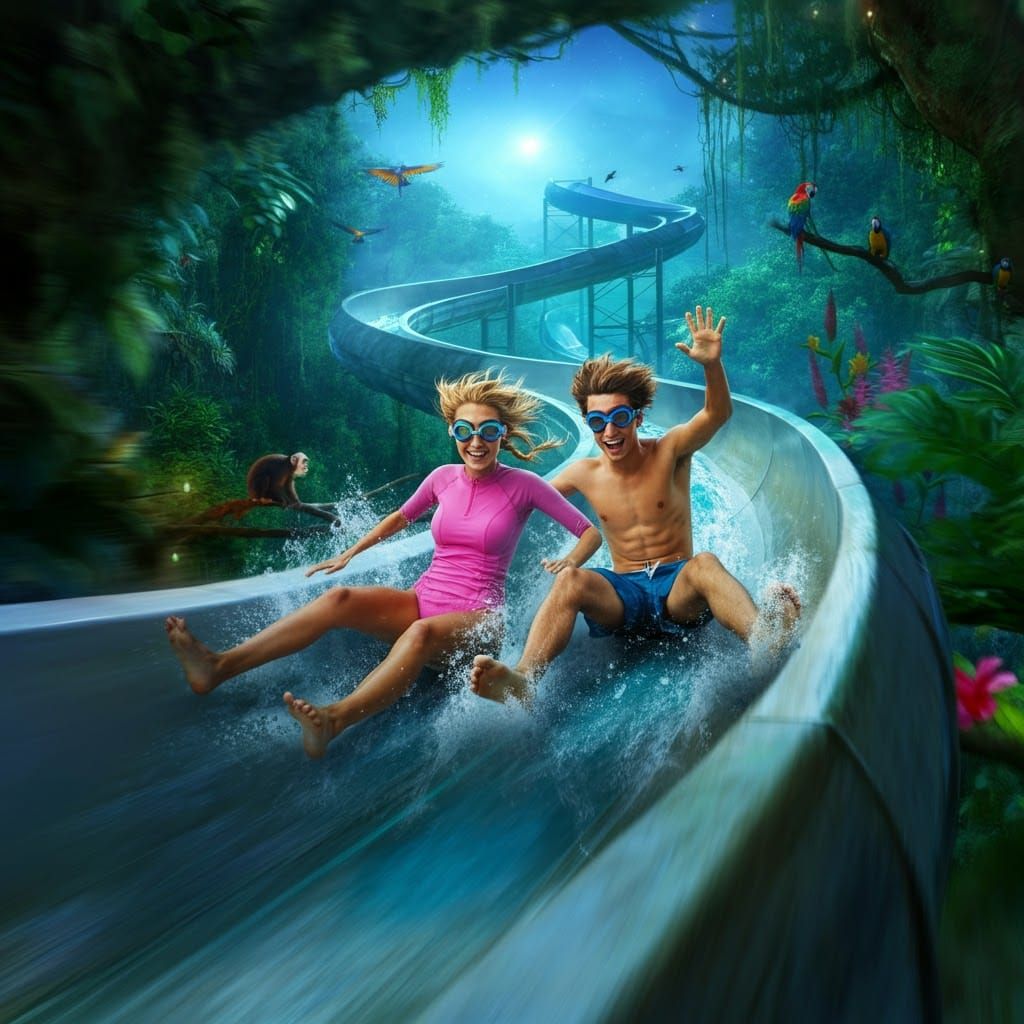 Couple on Jungle Waterslide Under Starry Sky
