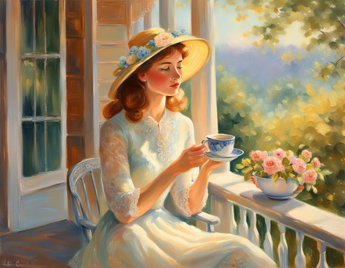 Woman Sipping Tea: Impressionist Oil Painting
