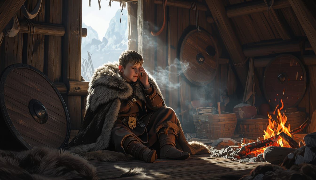 Viking Boy Wakes in Frosty Longhouse, Fantasy Concept Art