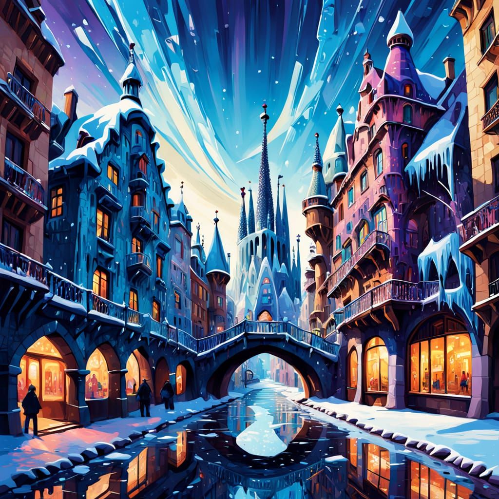 Whimsical Winter Cityscape in Gaudí's Style