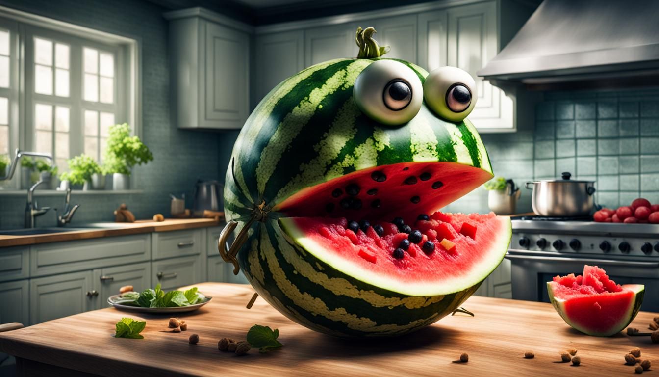 Angry Watermelon Rages in Kitchen: Hyperrealistic Ultra-HDR