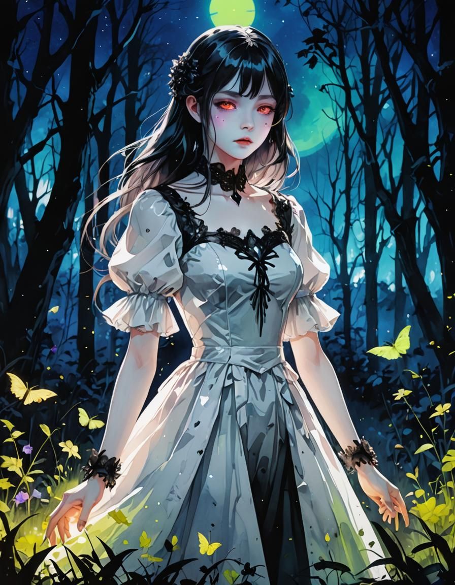 Holographic Vampire in Meadow, Black and White Watercolor