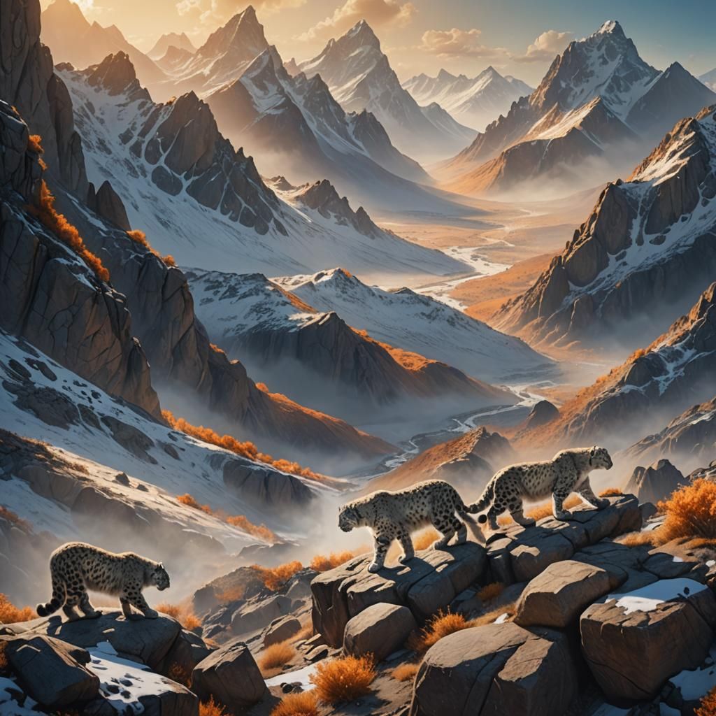 Snow Leopards Climb a Mountain: Matte Painting