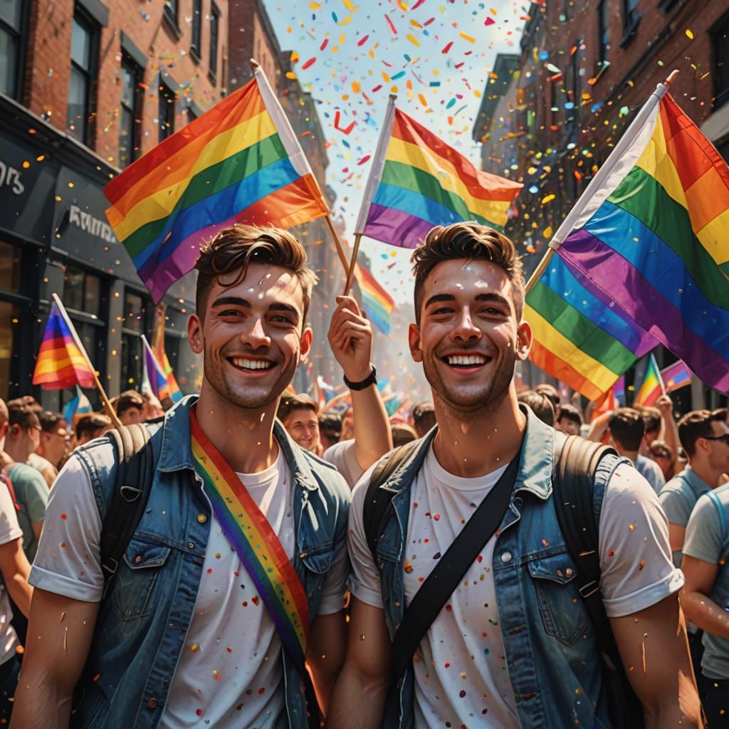 Joyful Pride Parade with Rainbow Flags in Digital Art