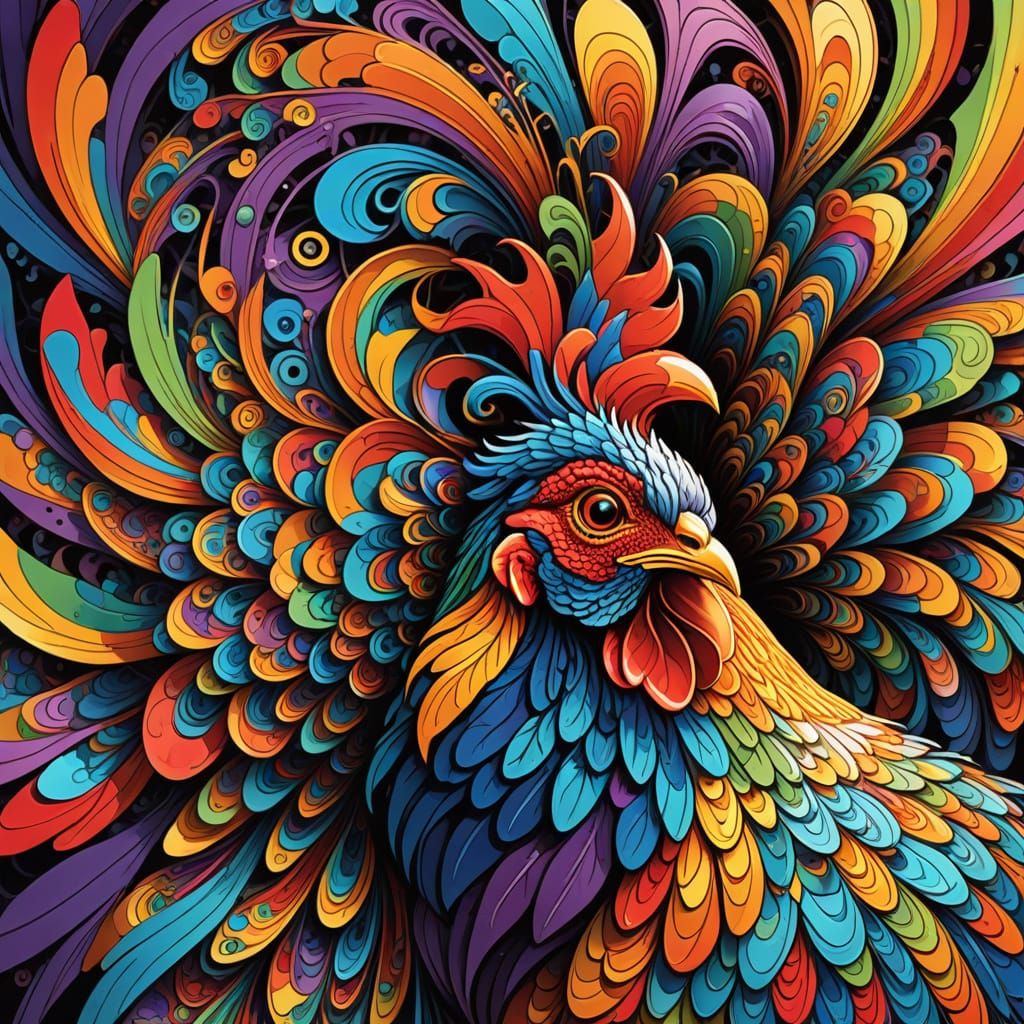 Psychedelic Chicken Portrait with Fractal Curves