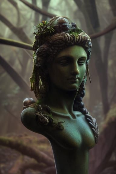 Moss-Covered Ancient God Statue in Jungle