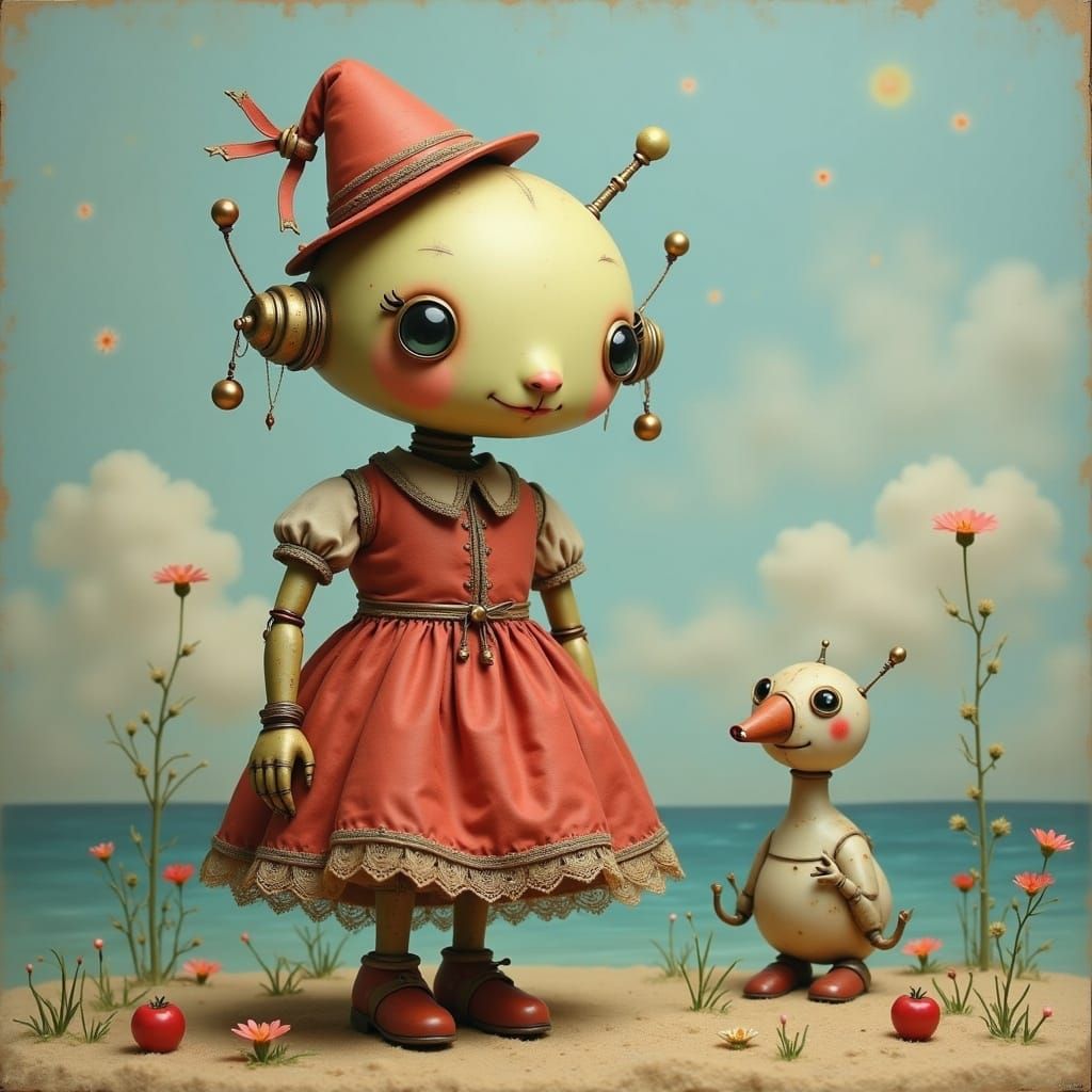 Cute Surreal Robot Girl with Whimsical Smile