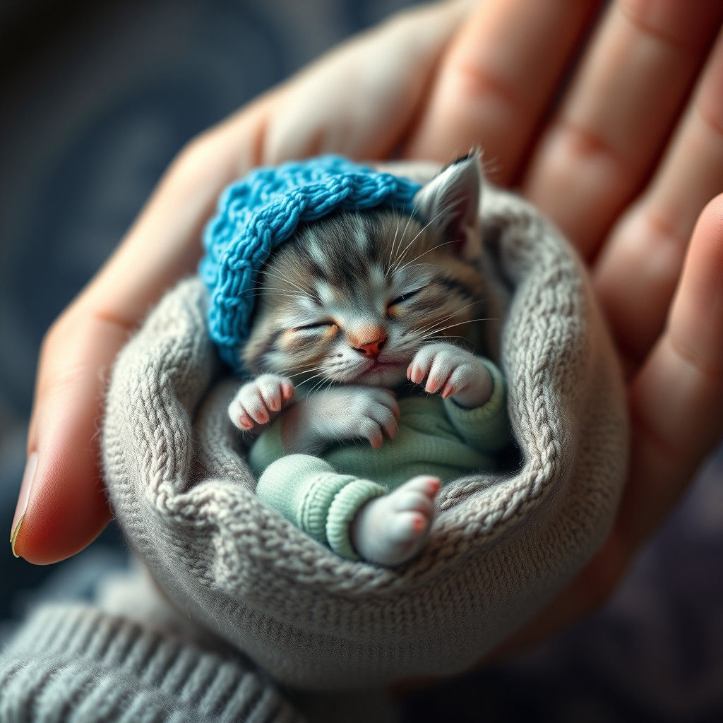 Miniature Kitten in Palm: Hyperrealistic Digital Art