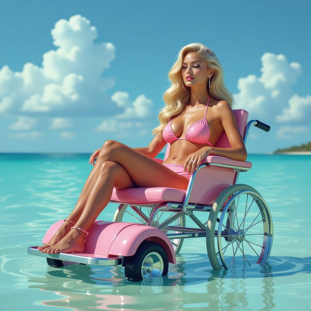 Blonde in Pink Bikini on Amphibious Wheelchair