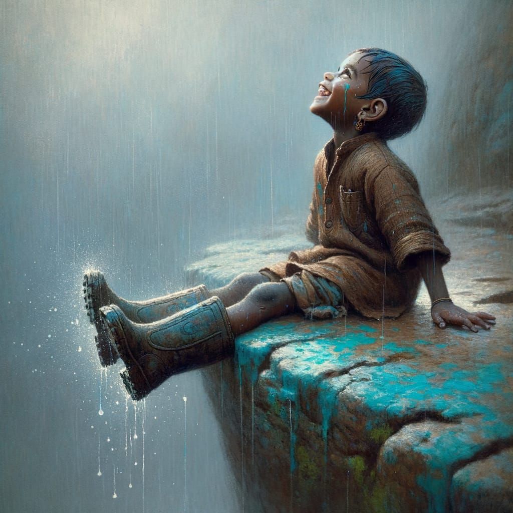 Child Rejoices in First Rain: Painterly Nostalgic Scene