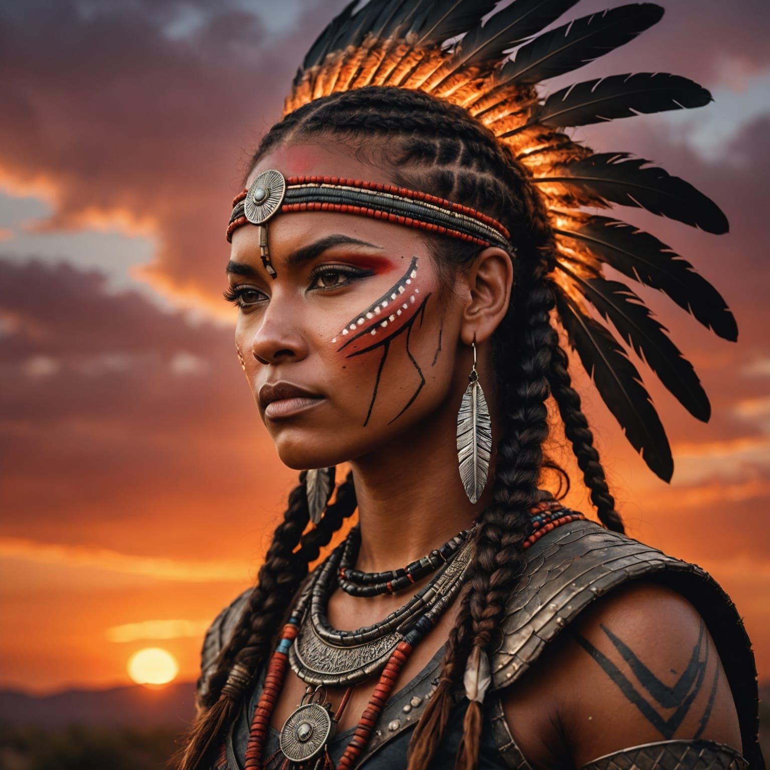 A striking portrait of a beautiful warrior woman