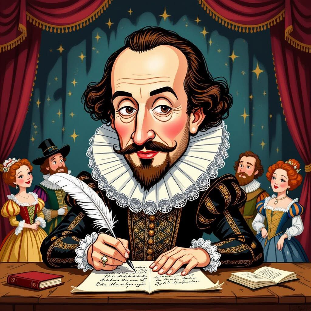 Whimsical Shakespeare Caricature on Stage